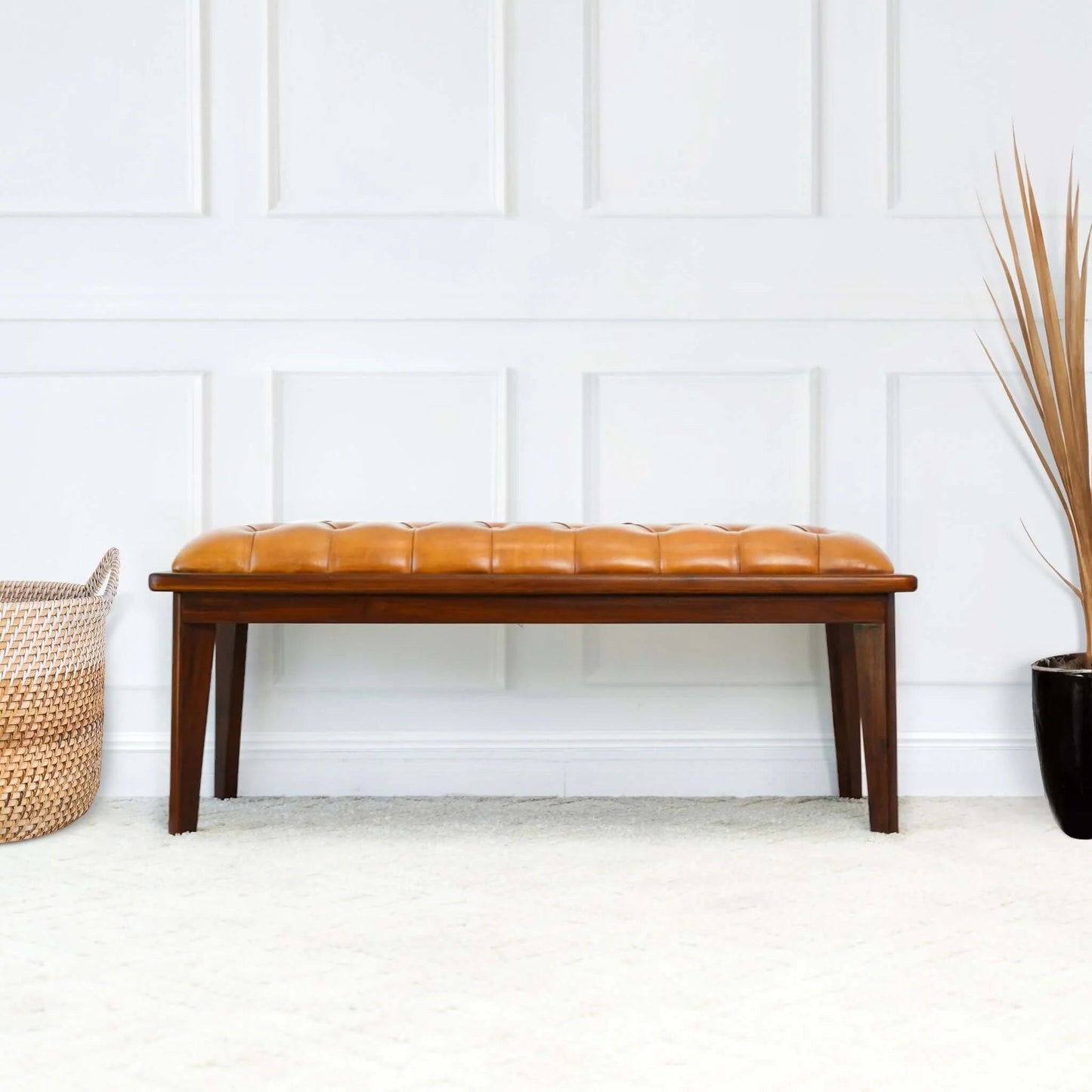 Arden Tan Leather Bench With Buttons - Baha-Furniture