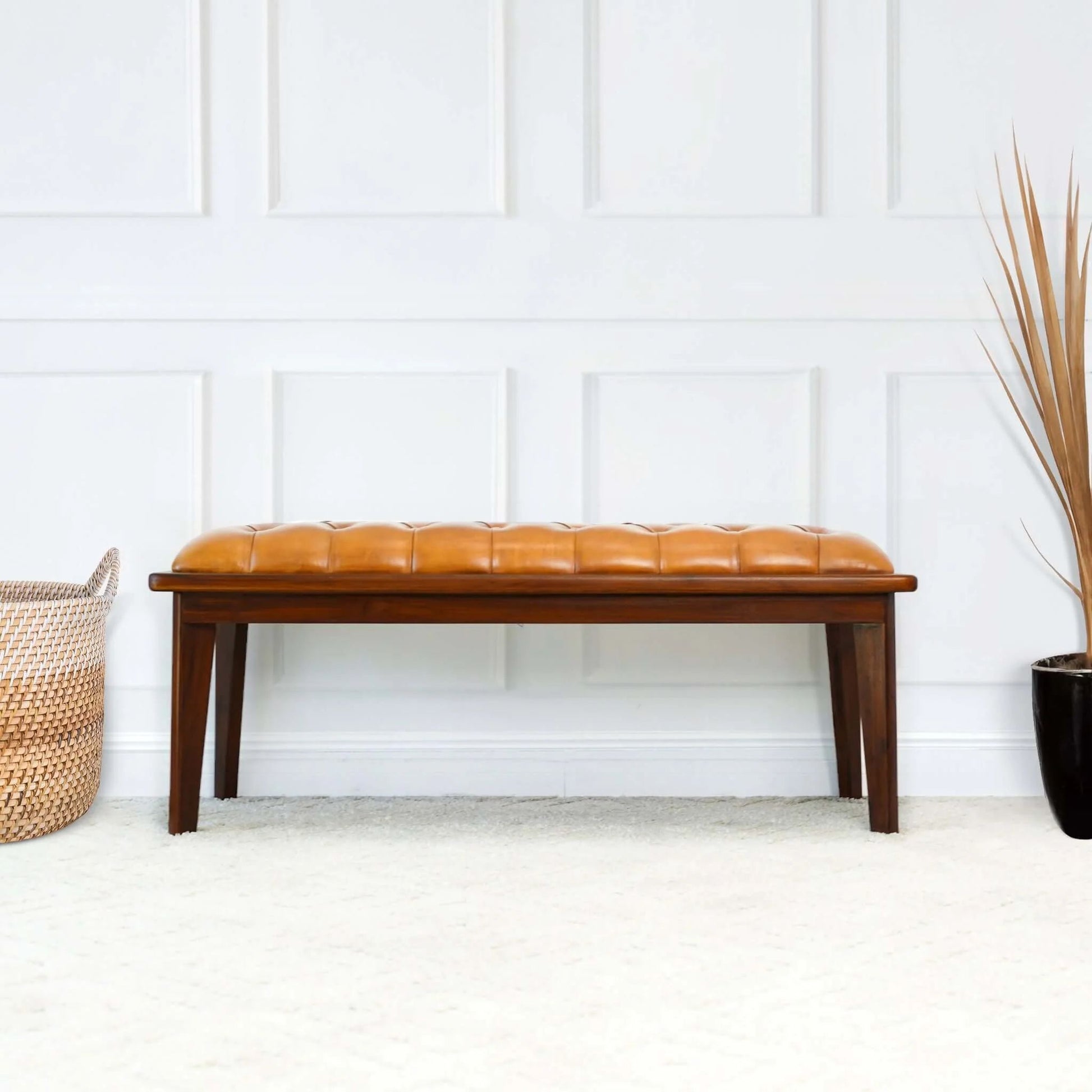 Arden Tan Leather Bench With Buttons - Baha-Furniture
