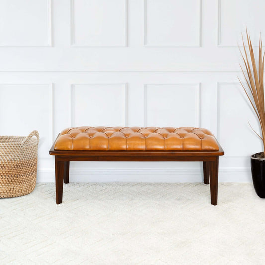 Arden Tan Leather Bench With Buttons - Baha-Furniture