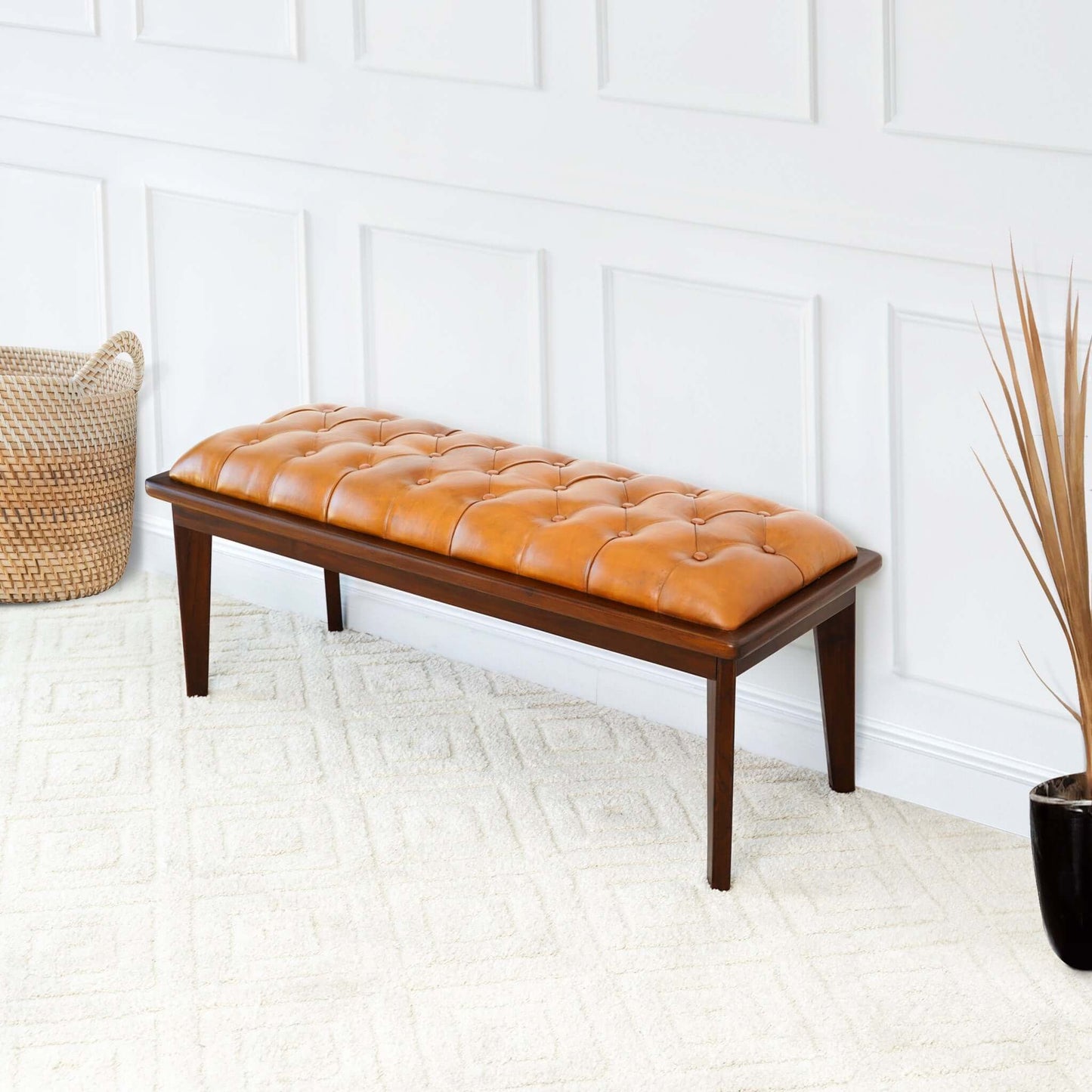 Arden Tan Leather Bench With Buttons - Baha-Furniture