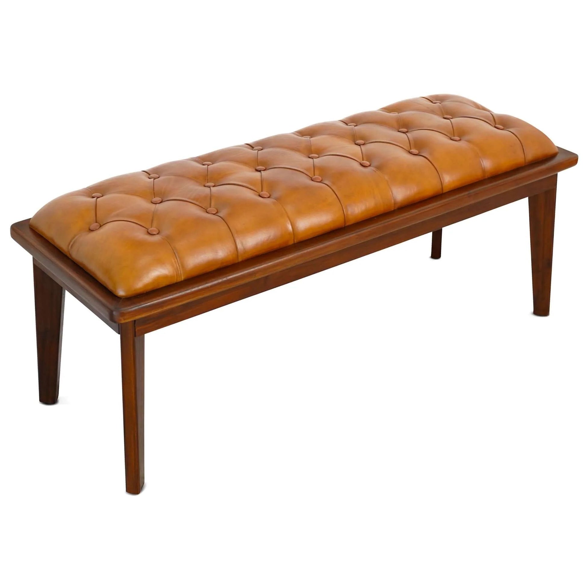 Arden Tan Leather Bench With Buttons - Baha-Furniture