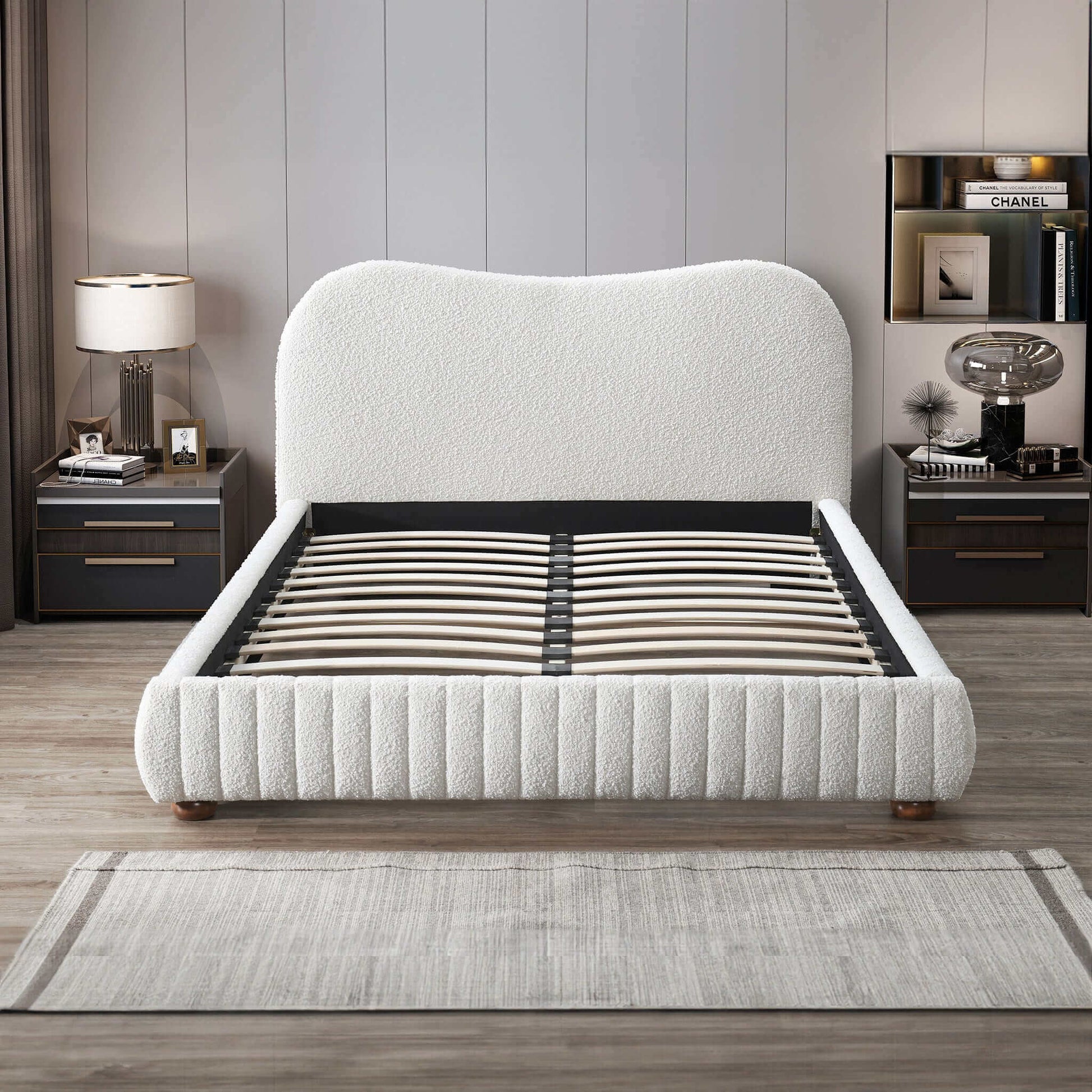 Norme Boucle Upholstered Queen Size Platform Bed In Cream - Baha-Furniture