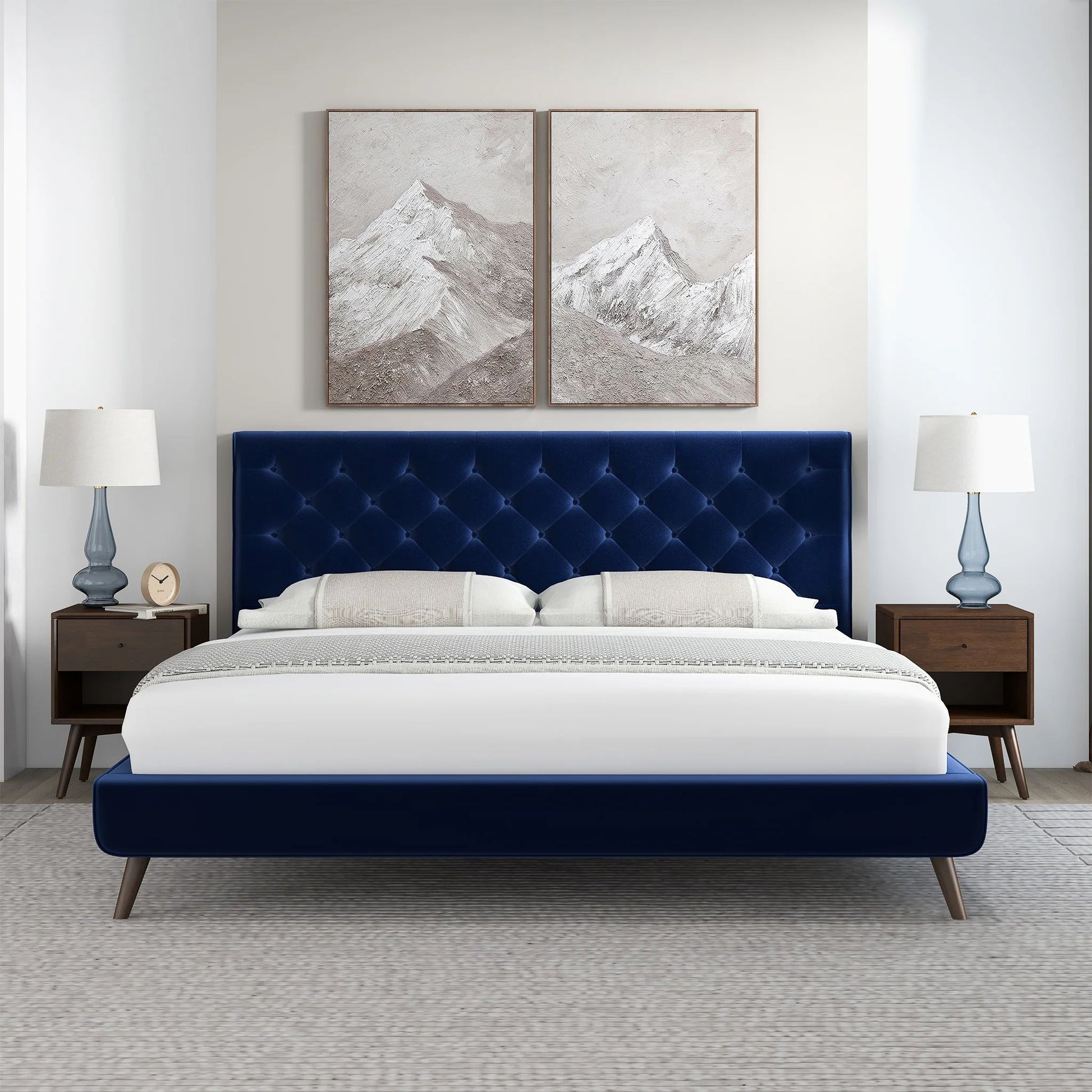 Dillon Blue Velvet Platform Bed - King, Queen Size - Baha-Furniture