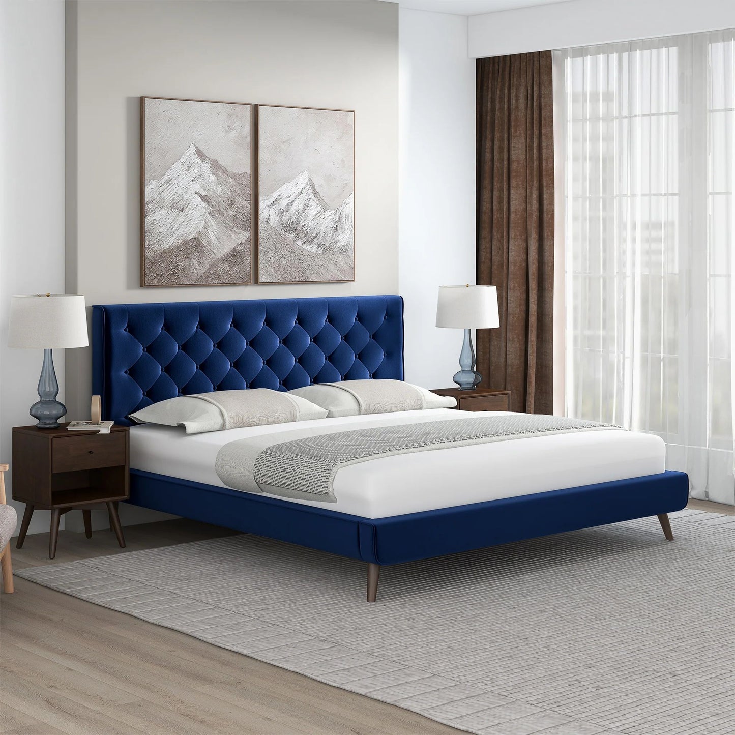 Dillon Blue Velvet Platform Bed - King, Queen Size - Baha-Furniture