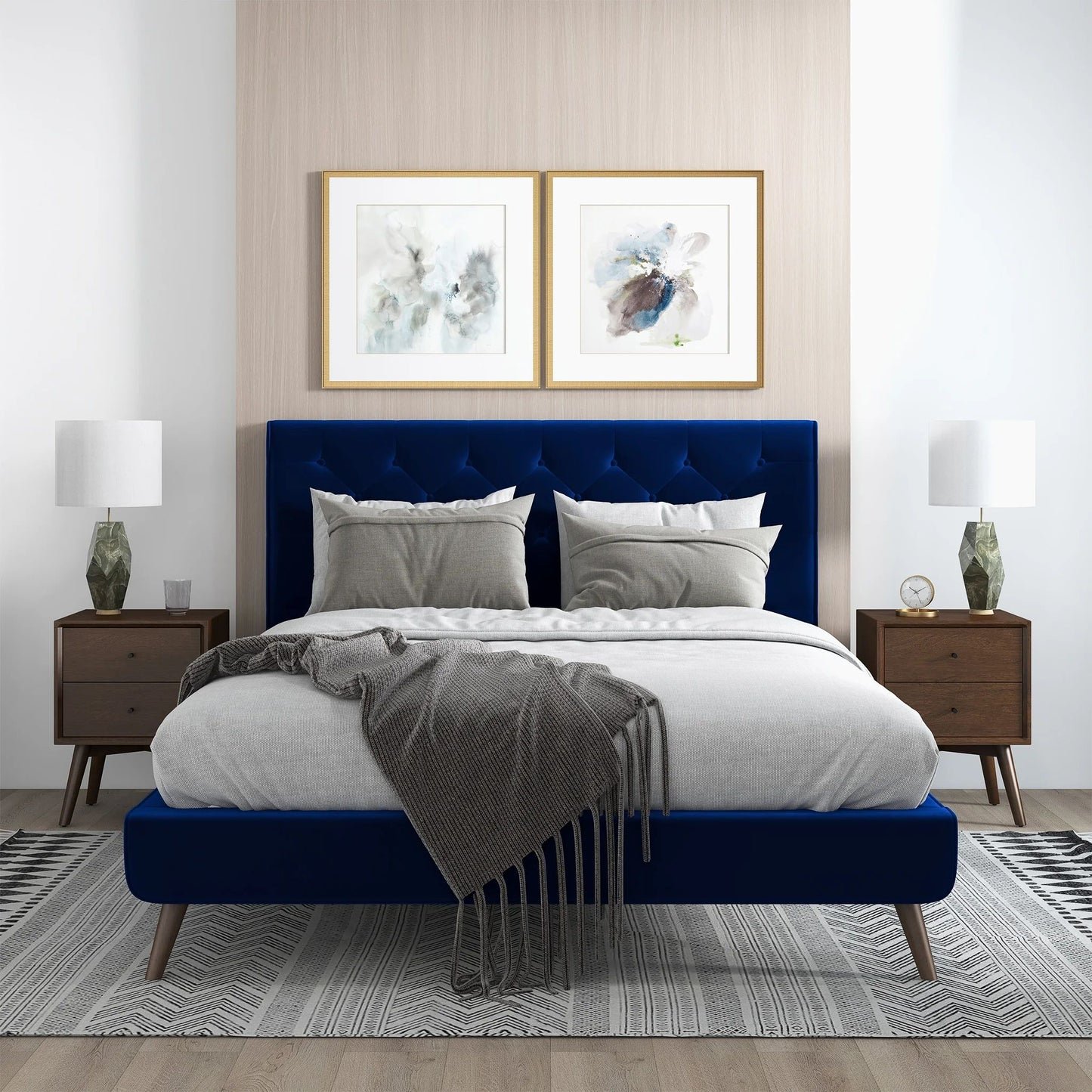 Dillon Blue Velvet Platform Bed - King, Queen Size - Baha-Furniture