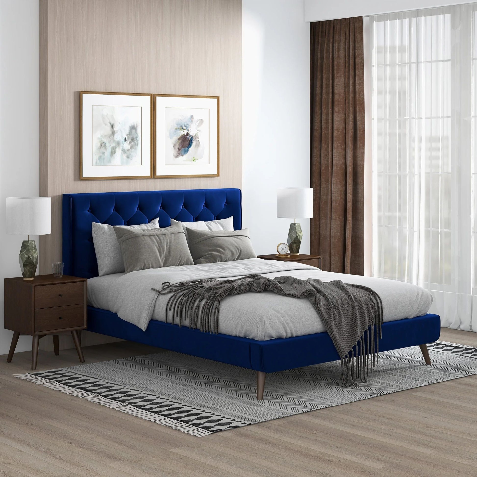 Dillon Blue Velvet Platform Bed - King, Queen Size - Baha-Furniture
