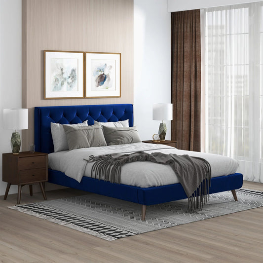 Dillon Blue Velvet Platform Bed - King, Queen Size - Baha-Furniture