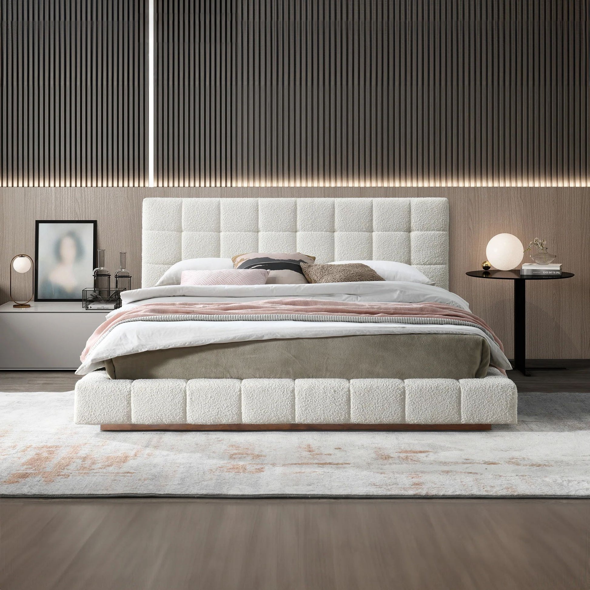 Hudson Ivory Boucle Queen Bed - Baha-Furniture
