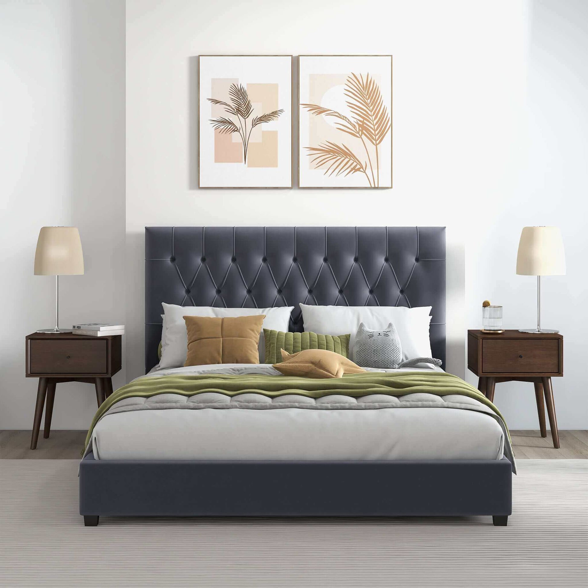Donald Mid Century Modern Grey Velvet Platform Bed King, Queen - Baha-Furniture