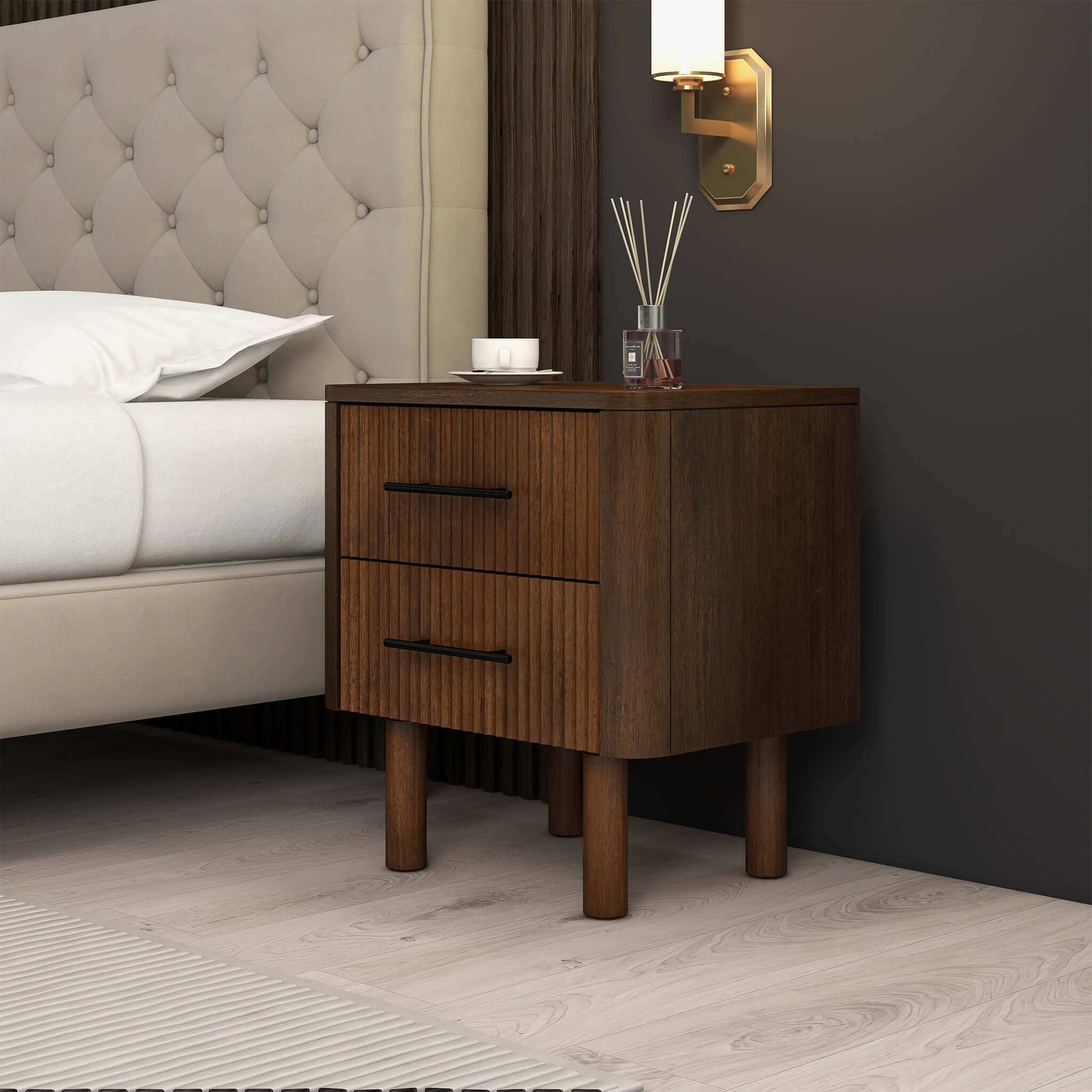 Logan Mid Century Modern Walnut Nightstand Bed Side Tables With 2 Drawers - Baha-Furniture