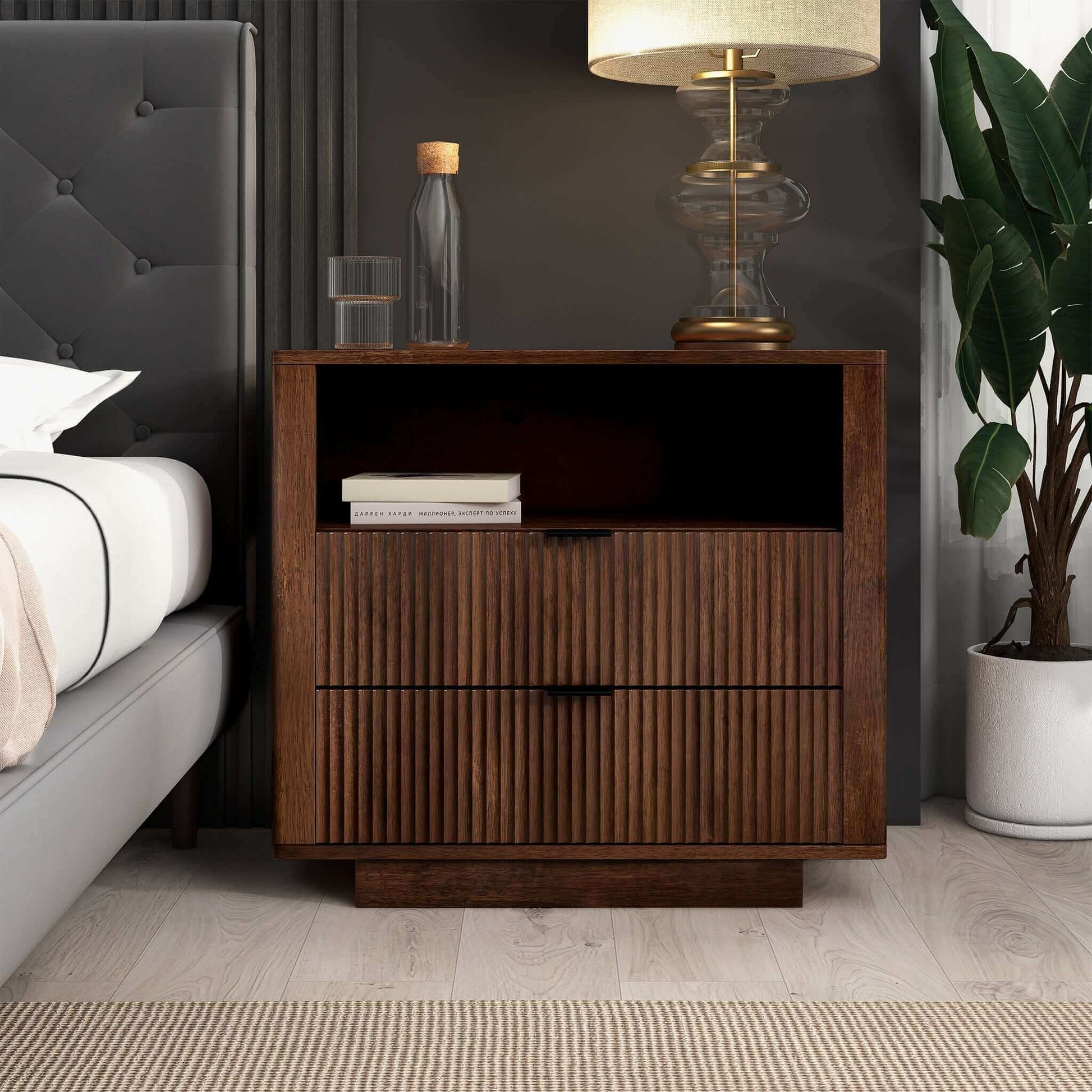 Lola Mid Century Modern Walnut Nightstand 2-Drawer Bed Side Table - Baha-Furniture