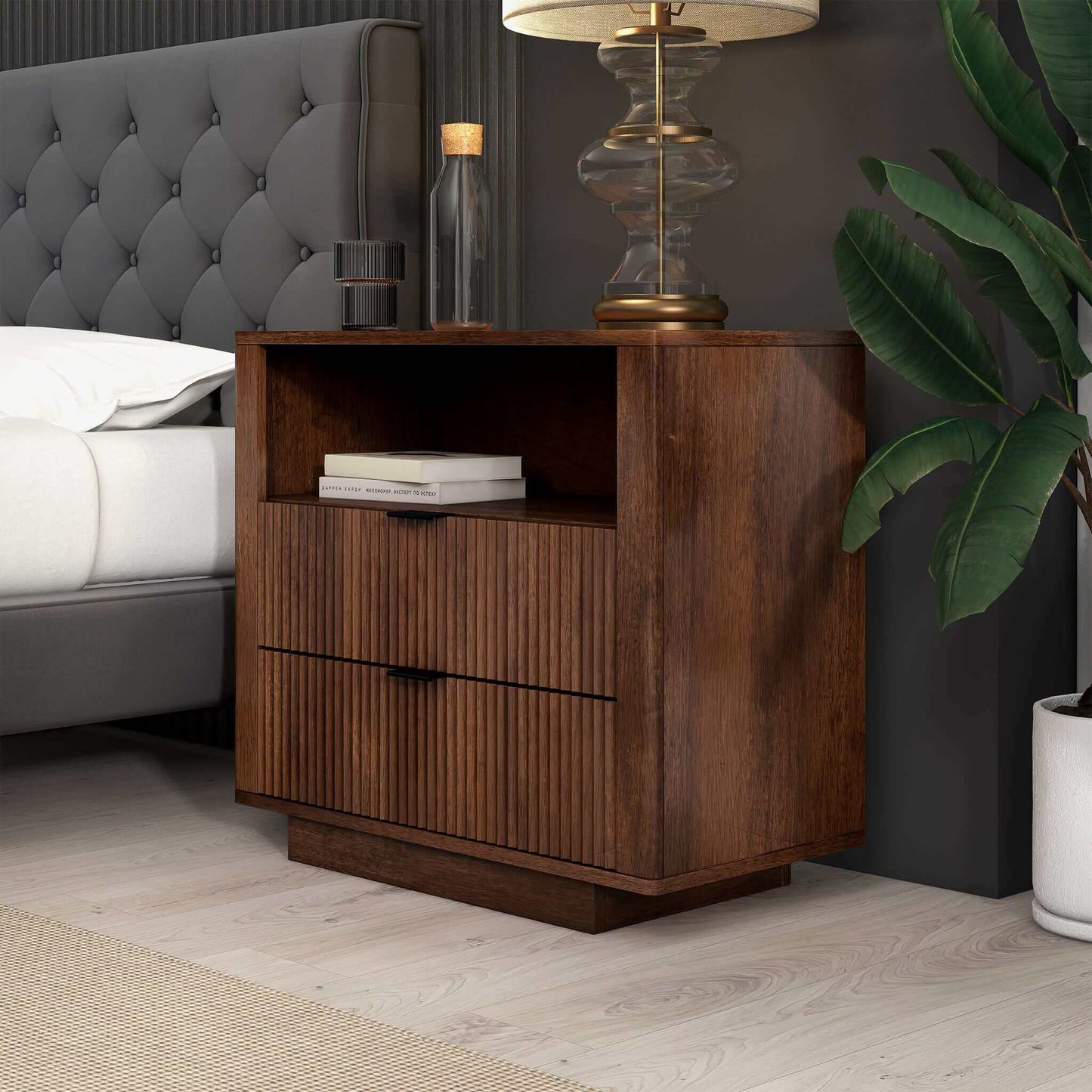 Lola Mid Century Modern Walnut Nightstand 2-Drawer Bed Side Table - Baha-Furniture