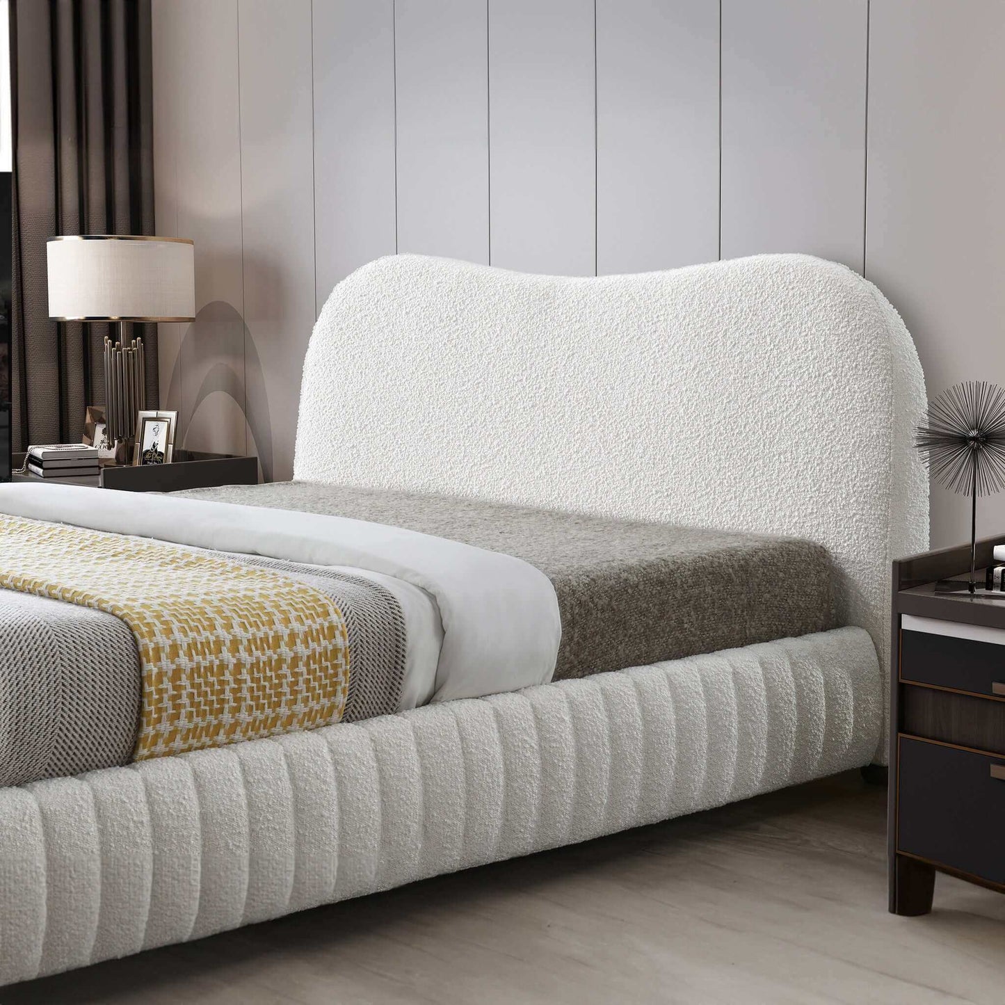 Norme Boucle Upholstered Queen Size Platform Bed In Cream - Baha-Furniture