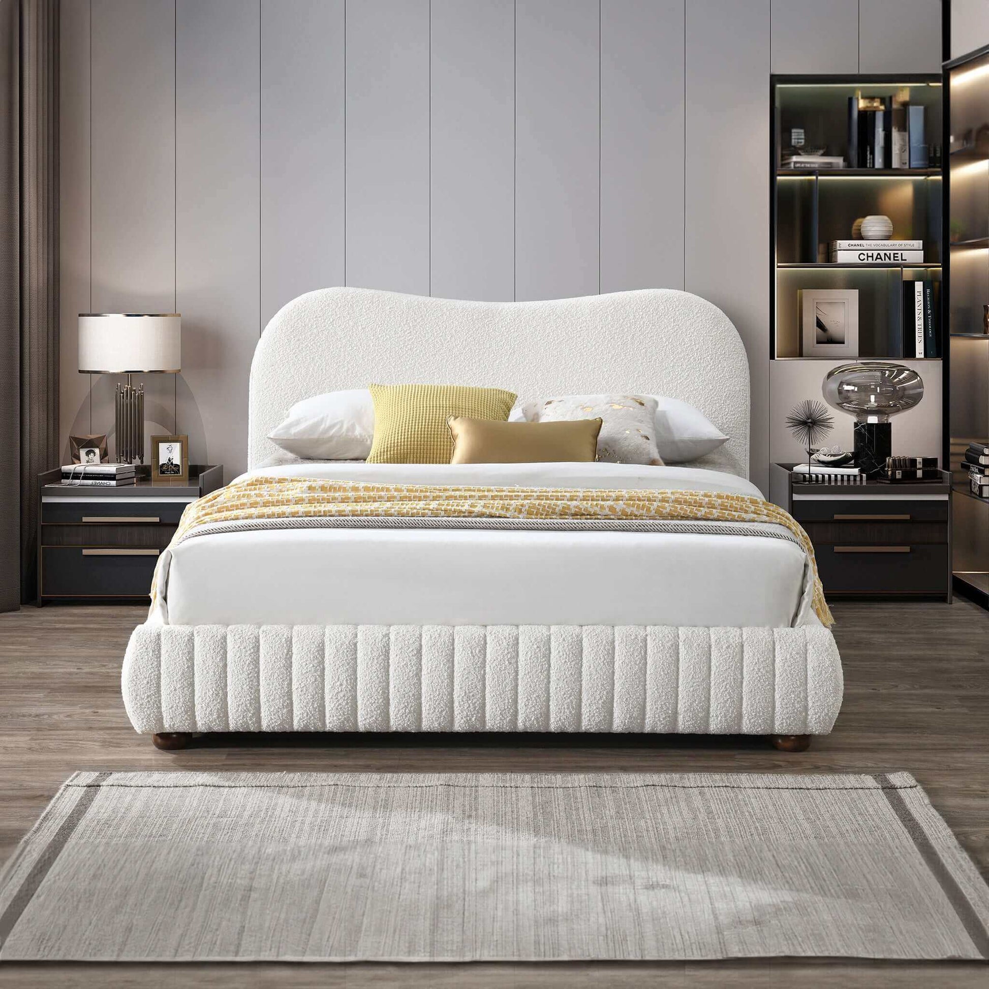 Norme Boucle Upholstered Queen Size Platform Bed In Cream - Baha-Furniture