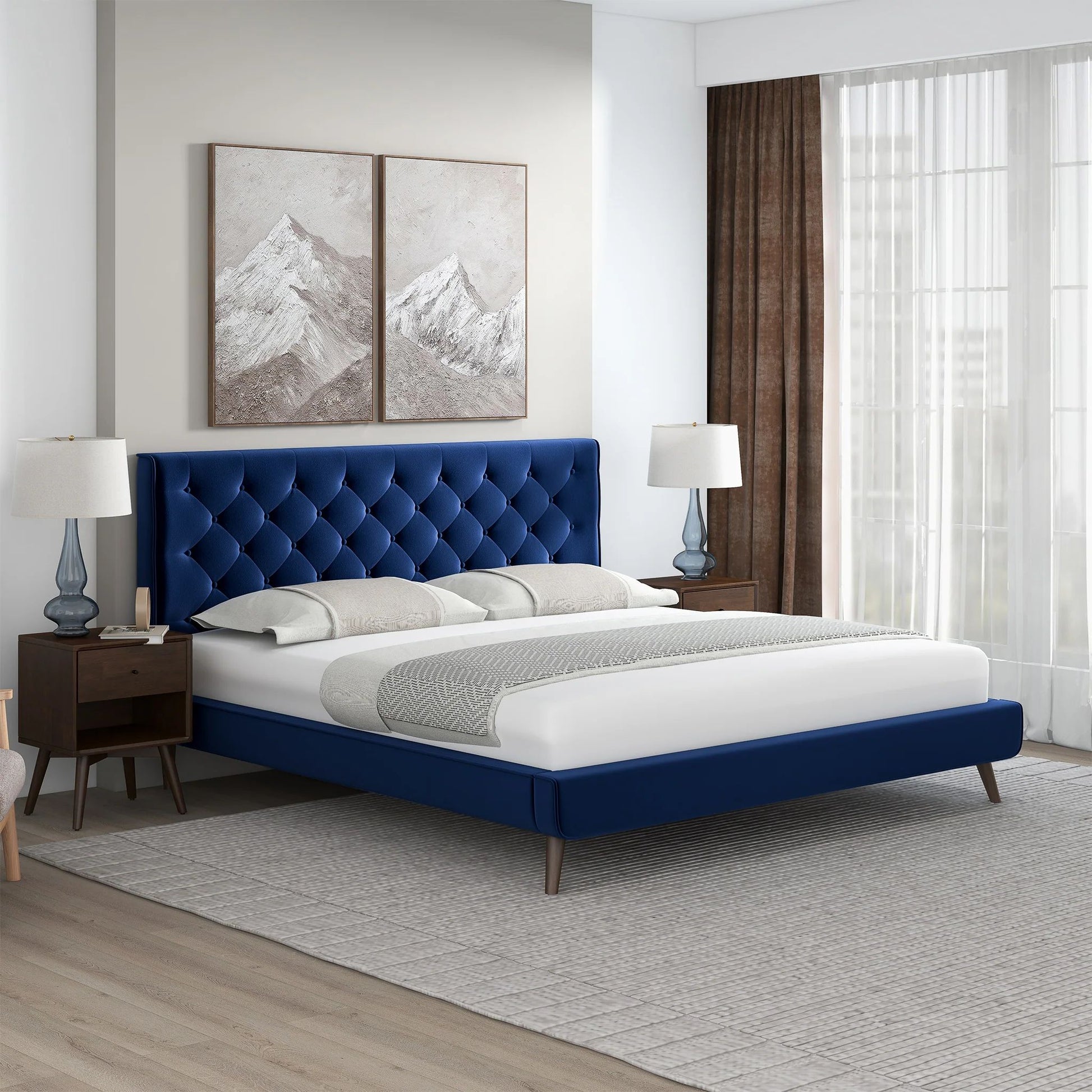 Dillon Blue Velvet Platform Bed - King, Queen Size - Baha-Furniture