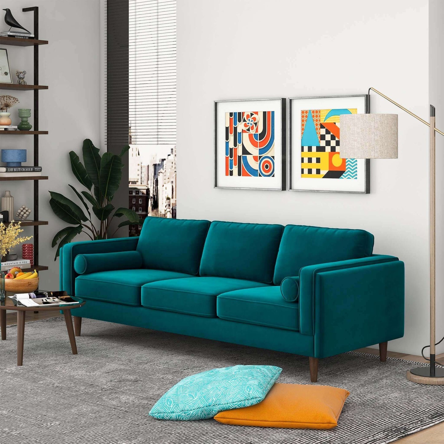 Amber Mid Century Modern Teal Luxury Velvet Sofa