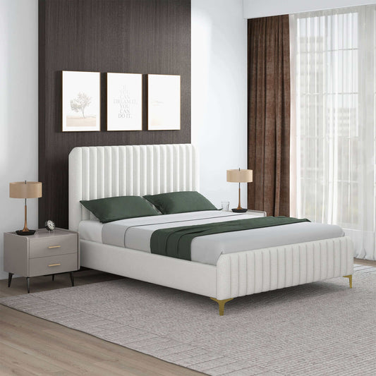 Valery Cream Boucle Platform Bed - King, Queen Size