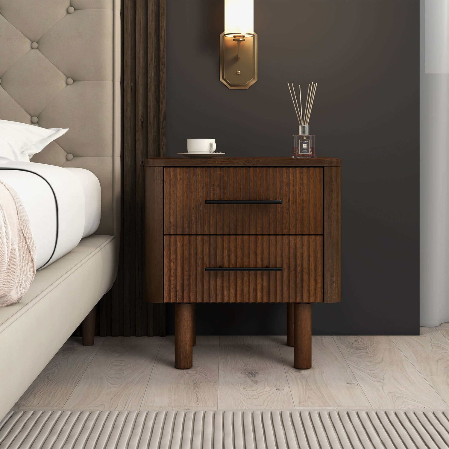 Logan Mid Century Modern Walnut Nightstand Bed Side Tables With 2 Drawers - Baha-Furniture